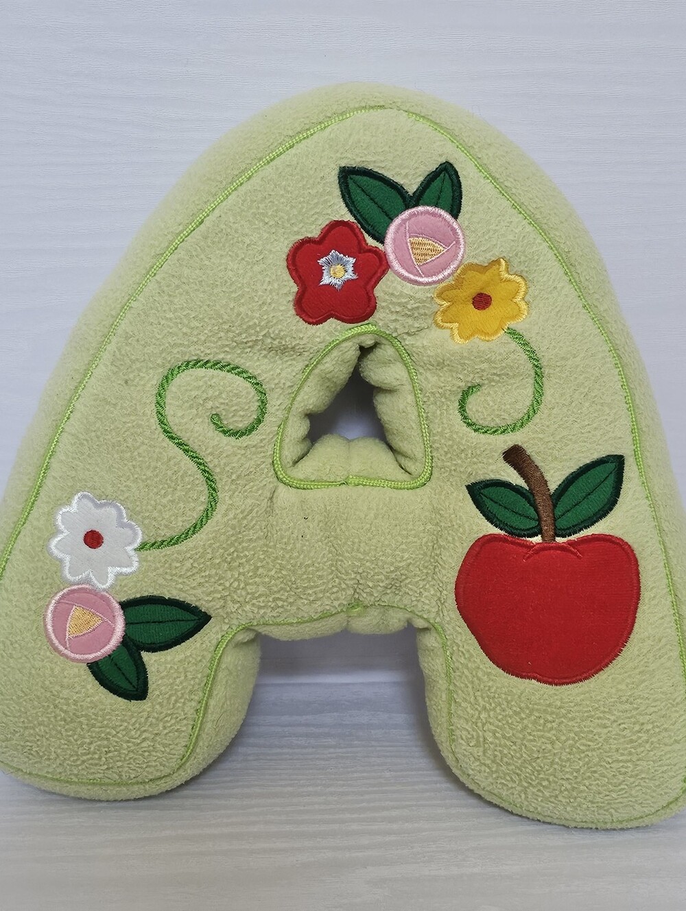 Throw Pillow Green Floral Apple Embroidered Letter Alphabet Nursery Corragecore